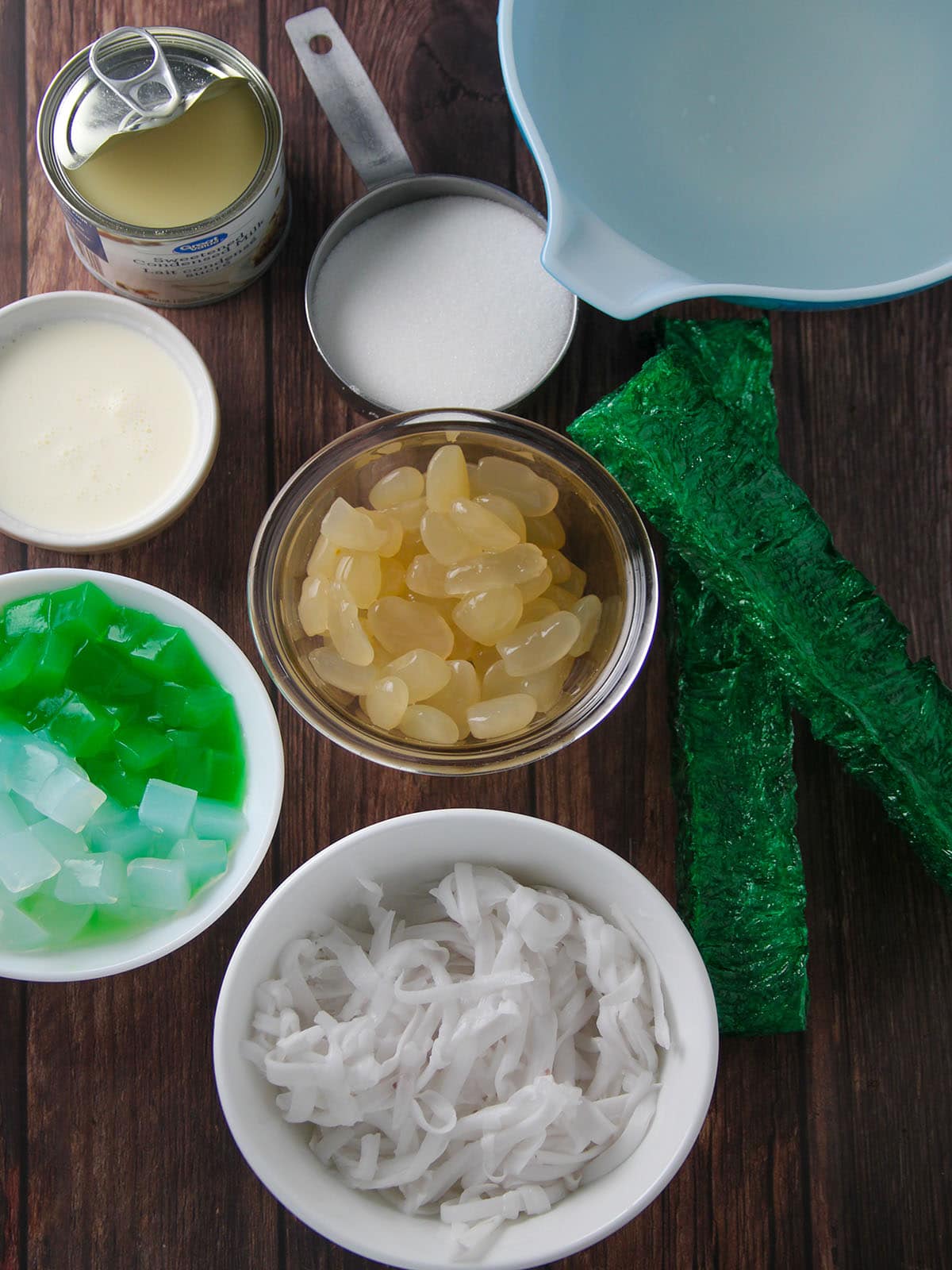 shredded young coconut, agar-agar bars, kaong, nata de coco, condensed milk, coconut juice, all-purpose cream