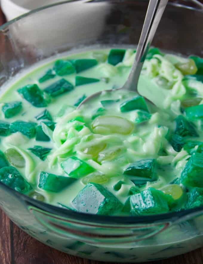 serving buko pandan from a clear bowl