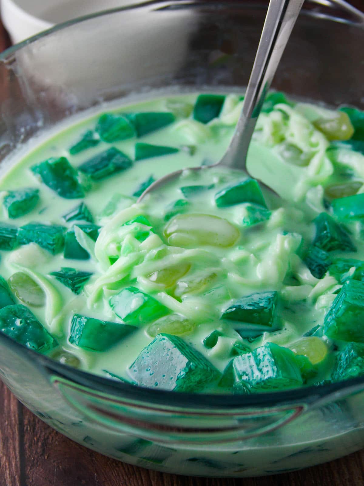 serving buko pandan from a clear bowl