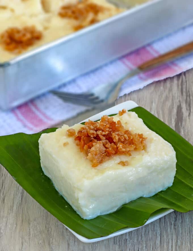 slice of Tibok-Tibok on a banana leaf-llined serving plate