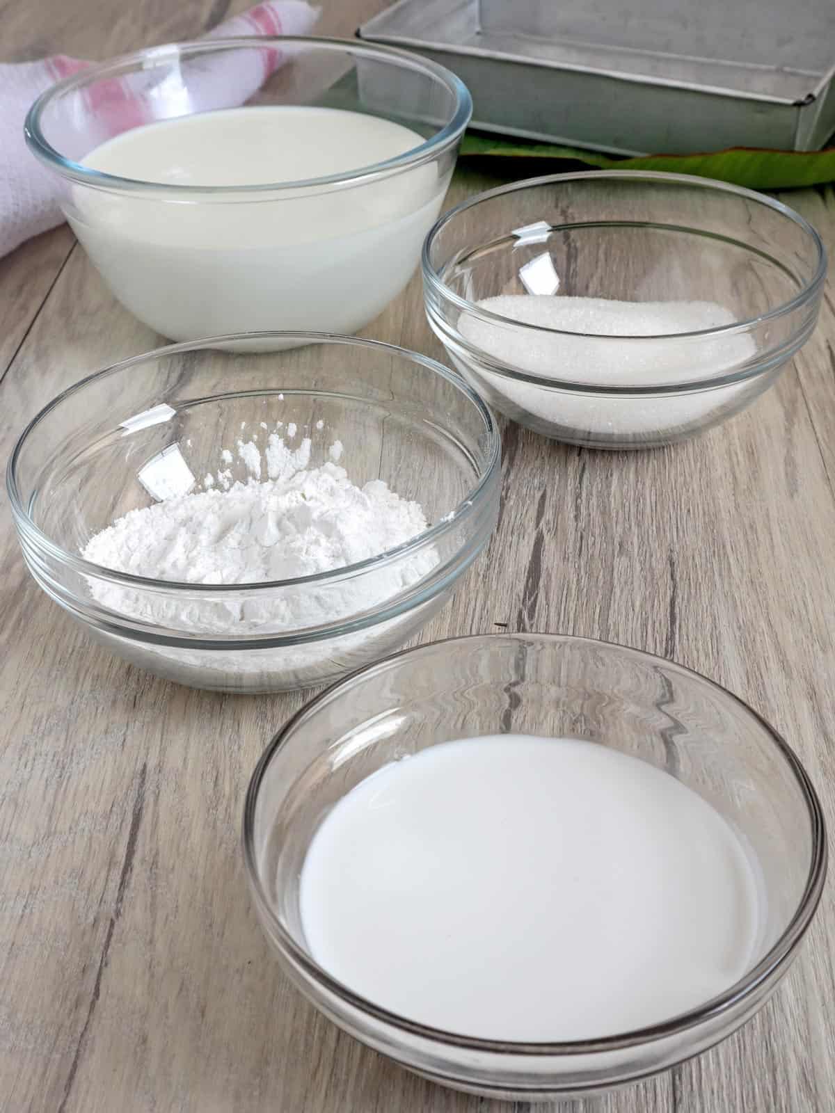 bowls of rice, flour, sugar, coconut cream, carabao's milk