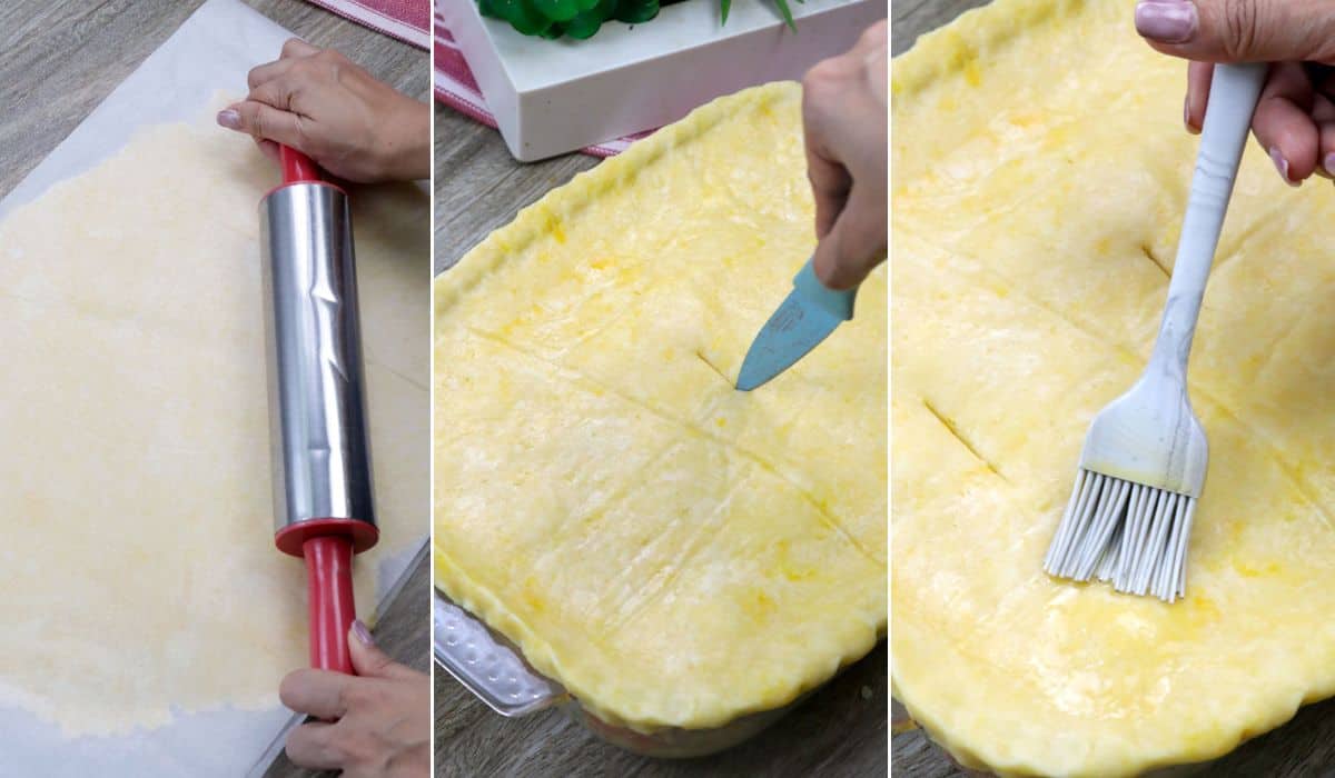 pareparing chicken pastel with pie crust in a rectangular pan to get ready to bake.