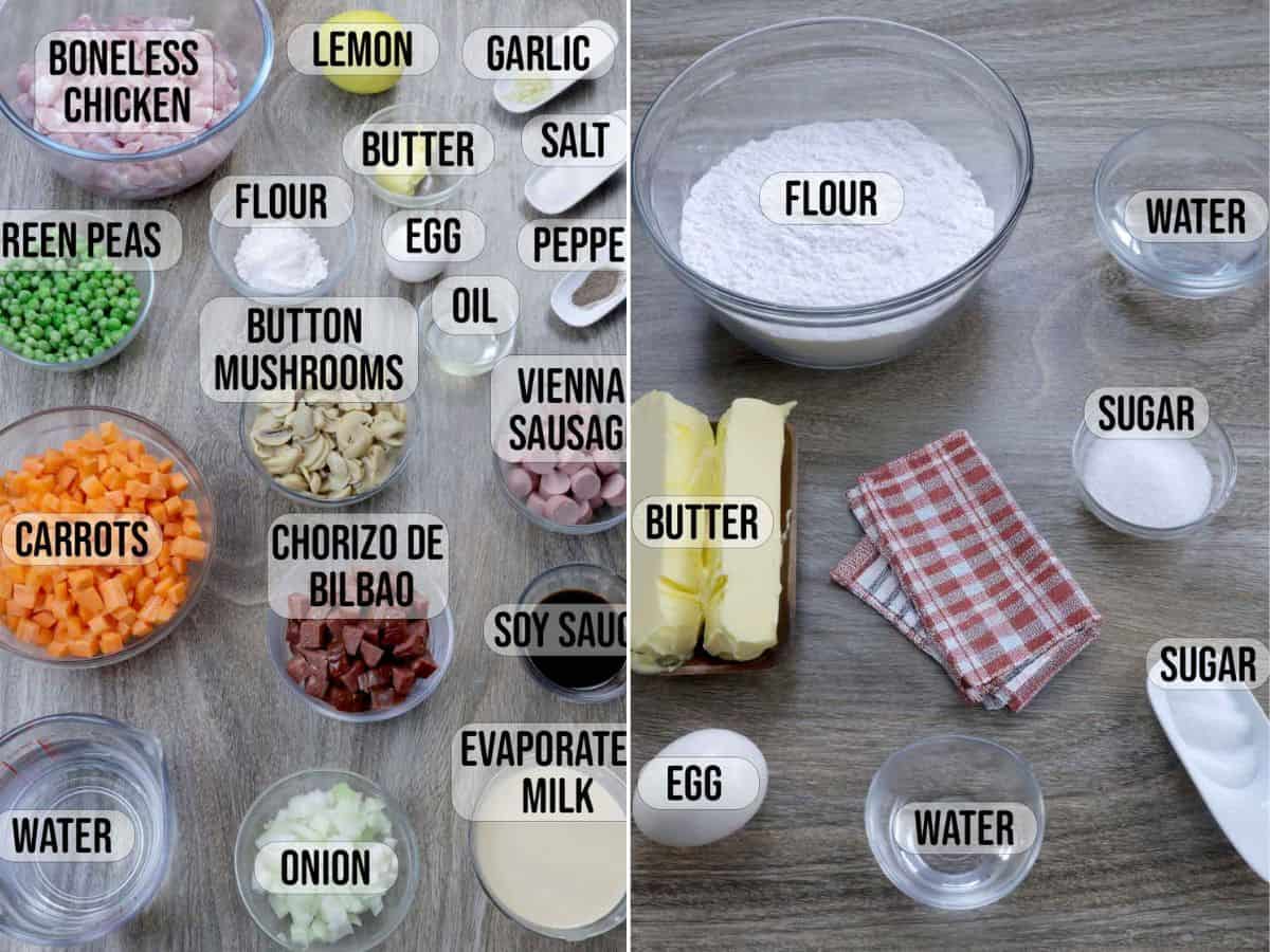 ingredients for Chicken pastel in glass bowls.