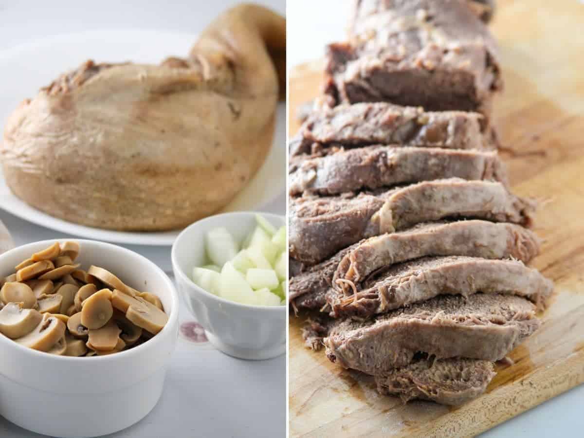 peeled and sliced beef tongue on a cutting board