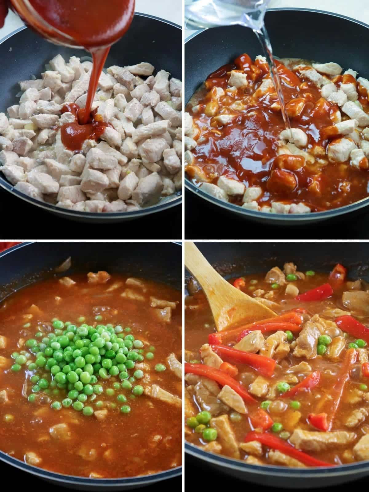 cooking pork guisantes in a pan