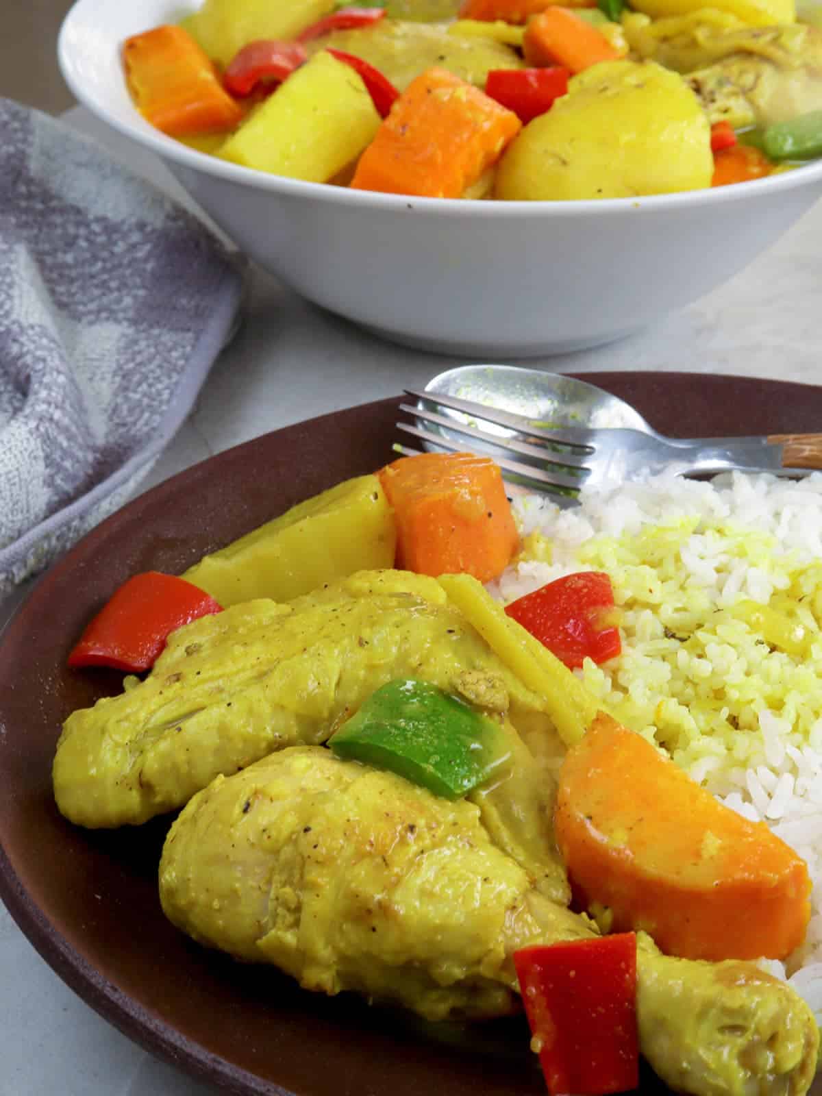 coconut chicken curry on a brown plate with steamed rice