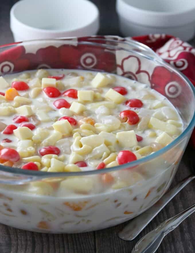 Pasta Fruit Salad in a glass bowl