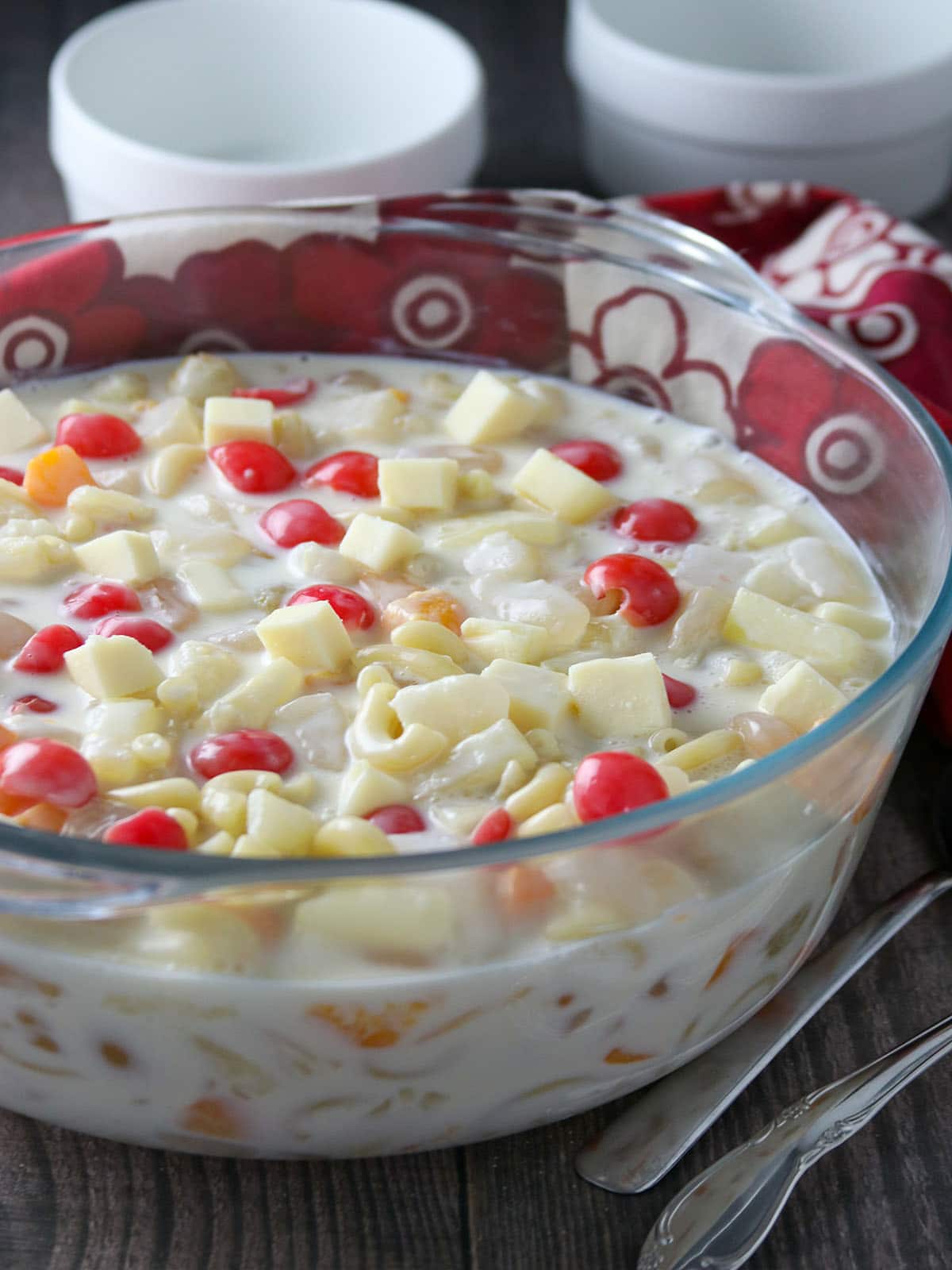 Pasta Fruit Salad in a glass bowl