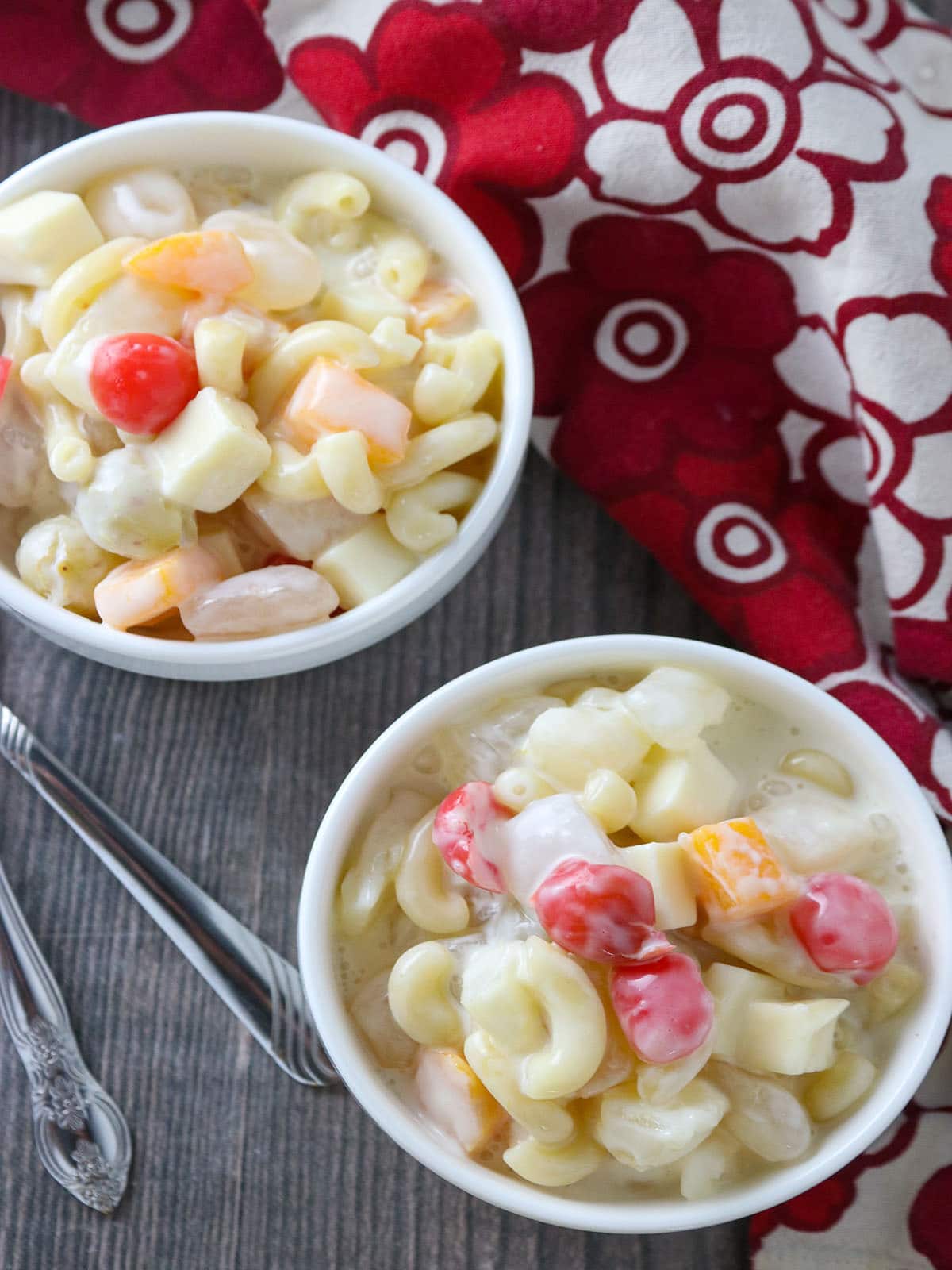 macaroni fruit salad in serving bowls