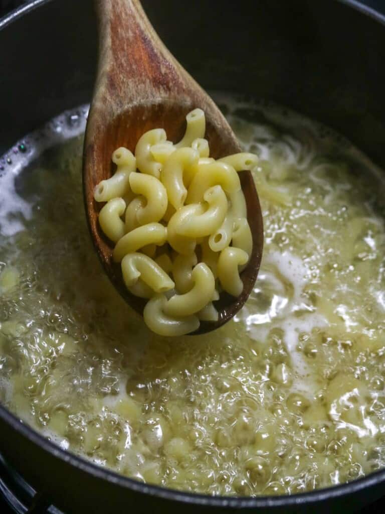 cooking macaroni pasta in a pot