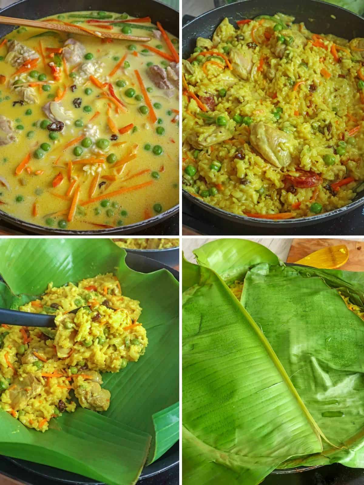 Kapampangan bringhe covered in banana leaves in a wide skillet