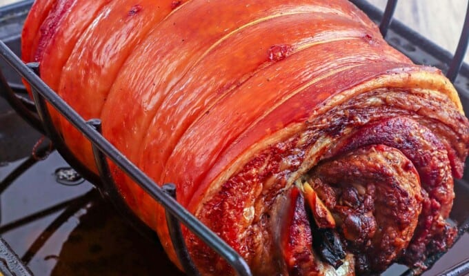 crispy oven-roasted pork belly on a roasting rack