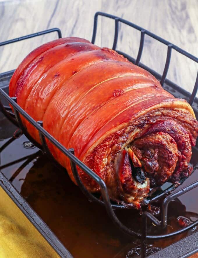 crispy oven-roasted pork belly on a roasting rack