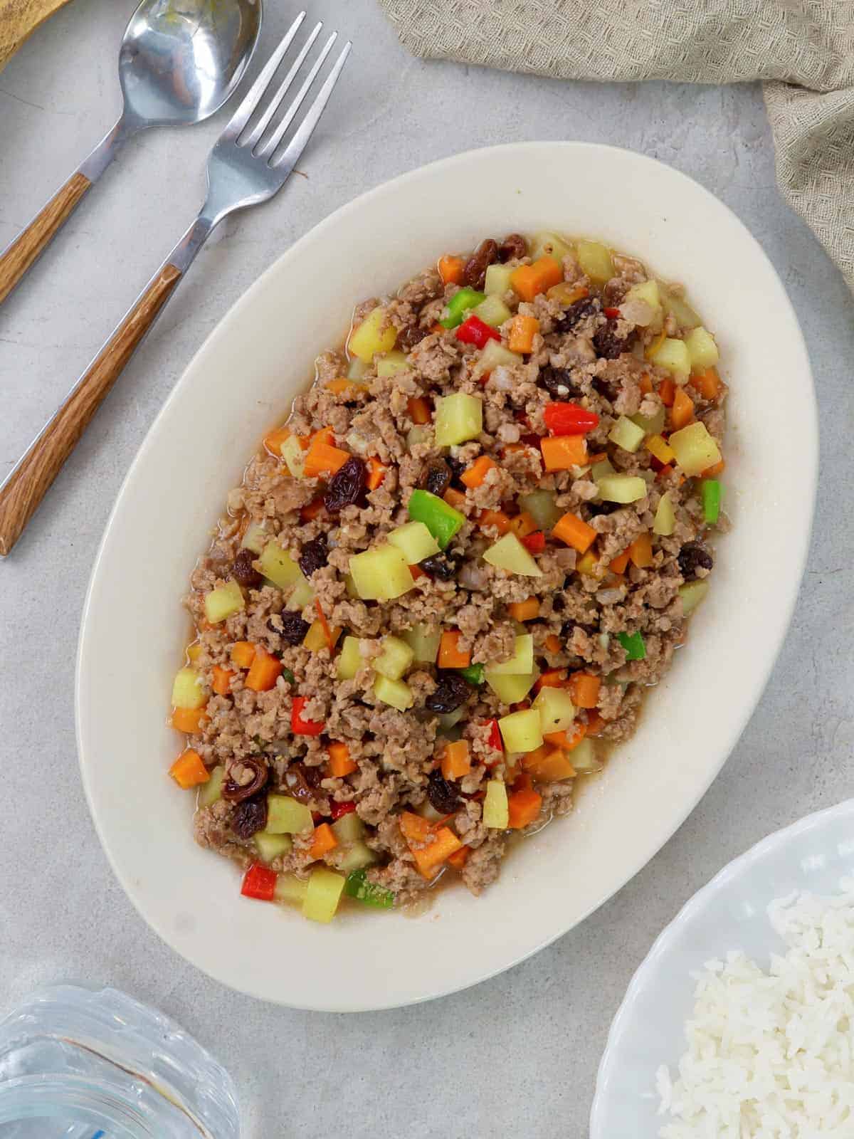 Pork giniling on a white serving platter