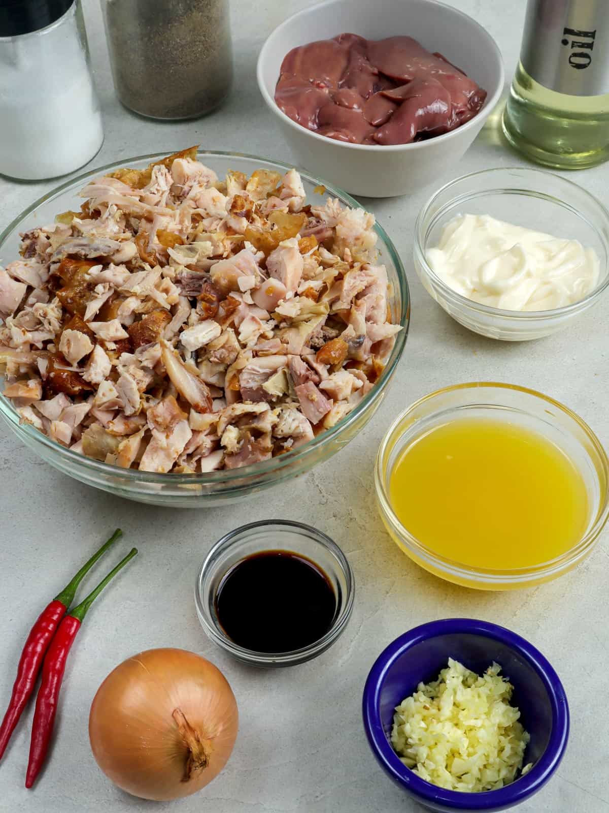 chopped chicken, onions, garlic, soy sauce, chili peppers, calamansi juice, chicken liver