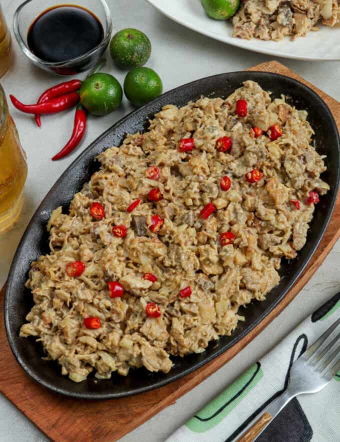 Chicken Sisig on a metal plate