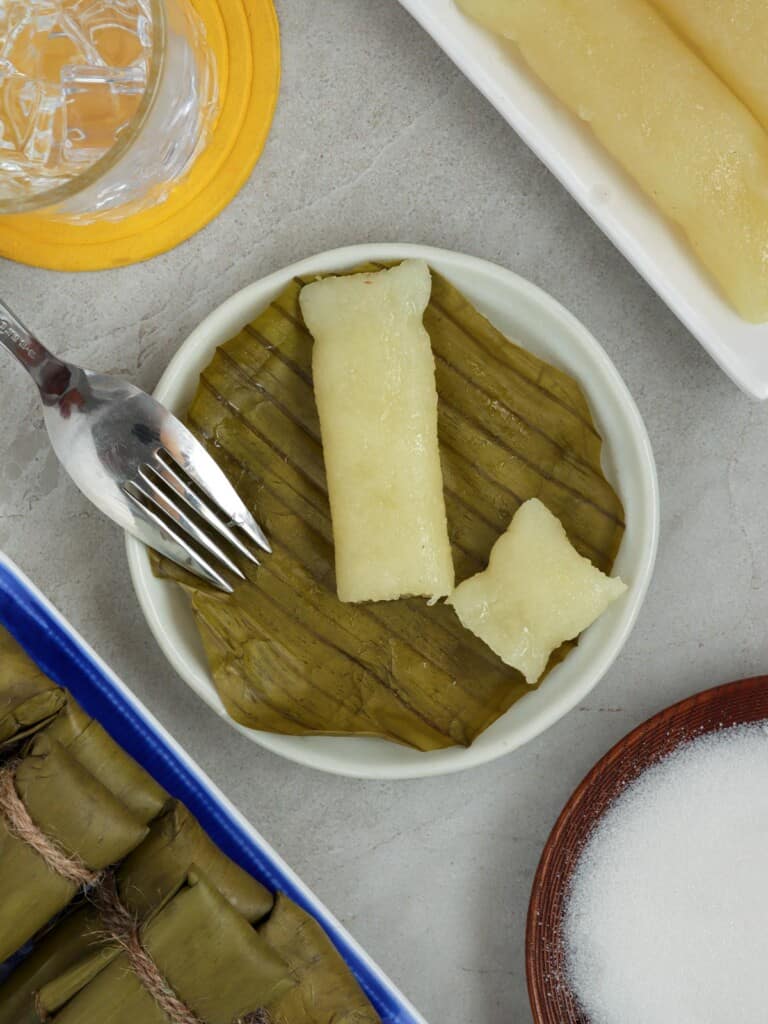 suman cassava on a white serving plate
