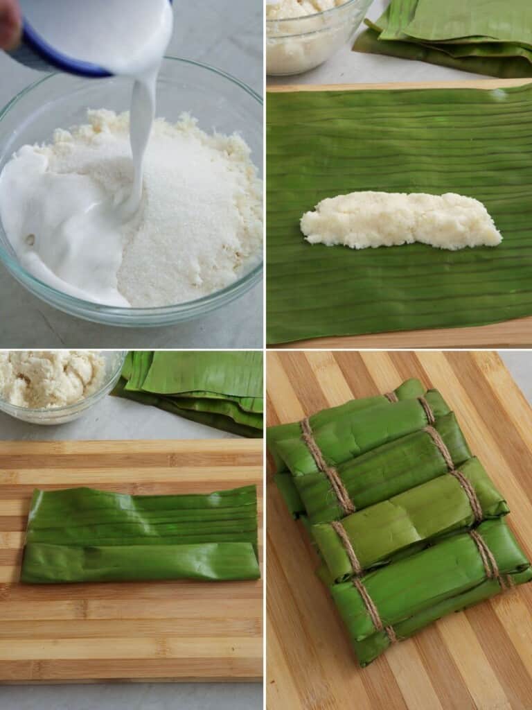 wrapping cassava suman mixture in banana leaves