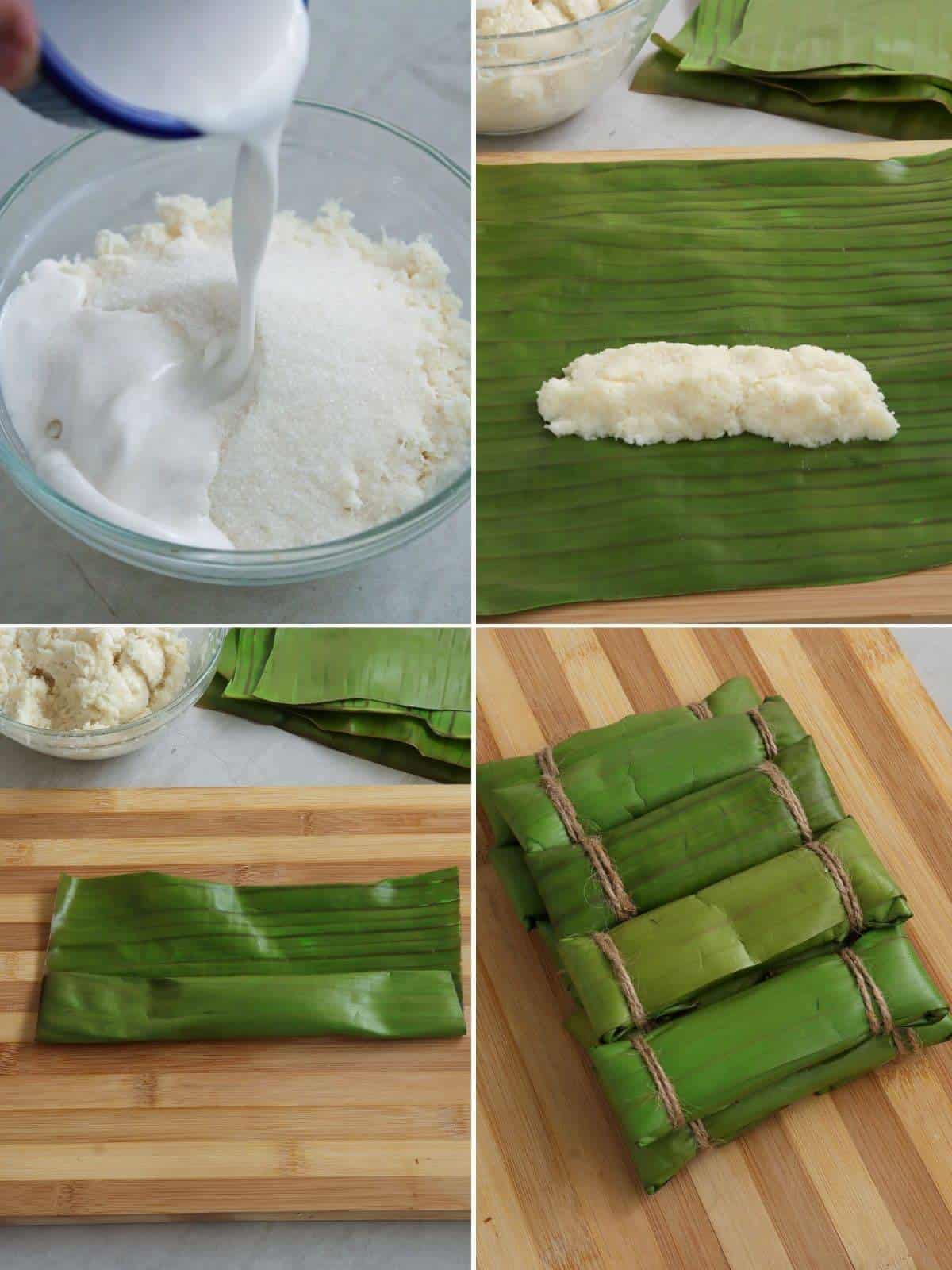 wrapping cassava suman mixture in banana leaves