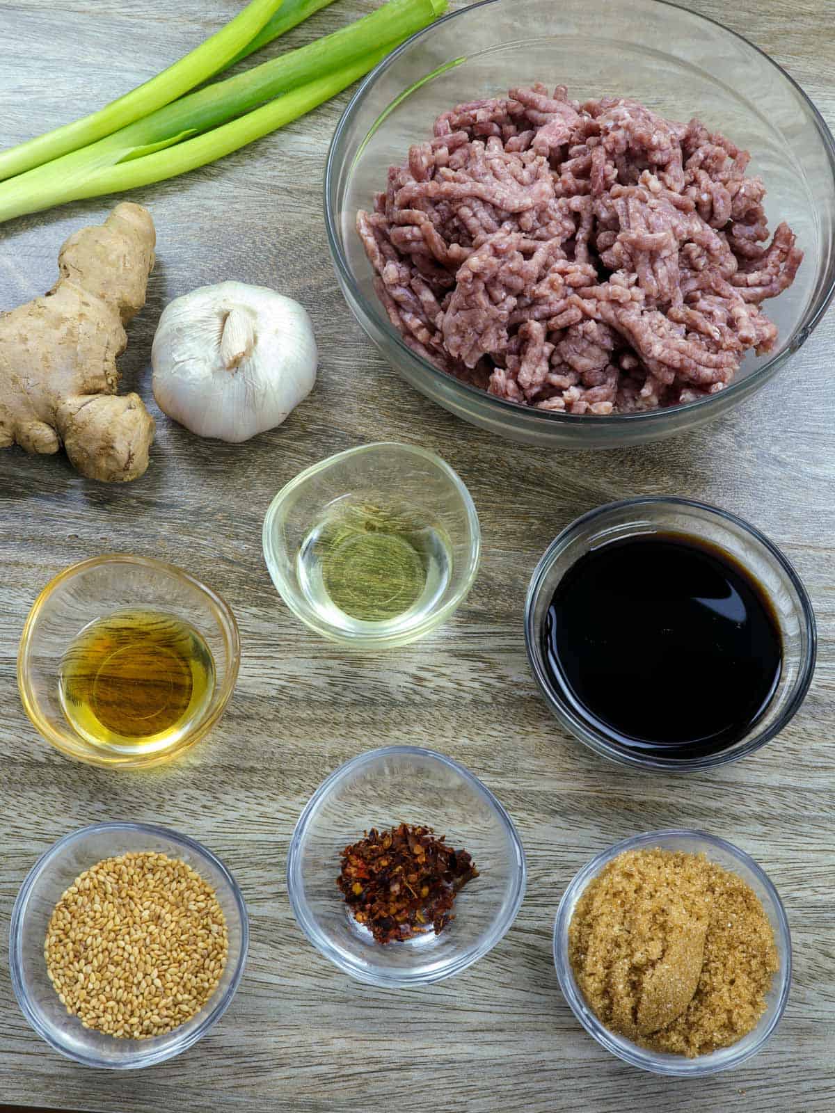 ground beef, brown sugar, soy sauce, garlic, ginger, dried chili pepper flakes, green onions, and sesame oil