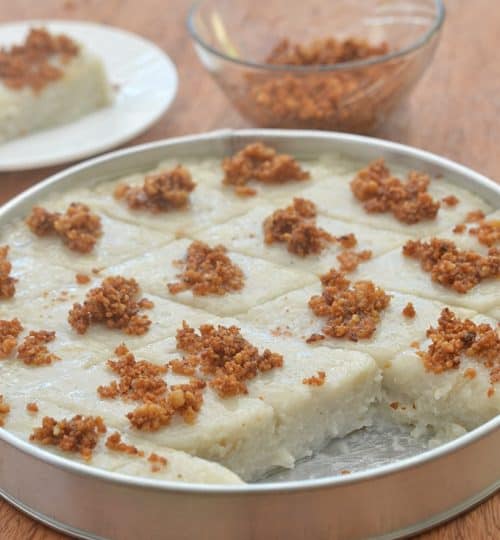 kalamay gabi in a round tin baking dish