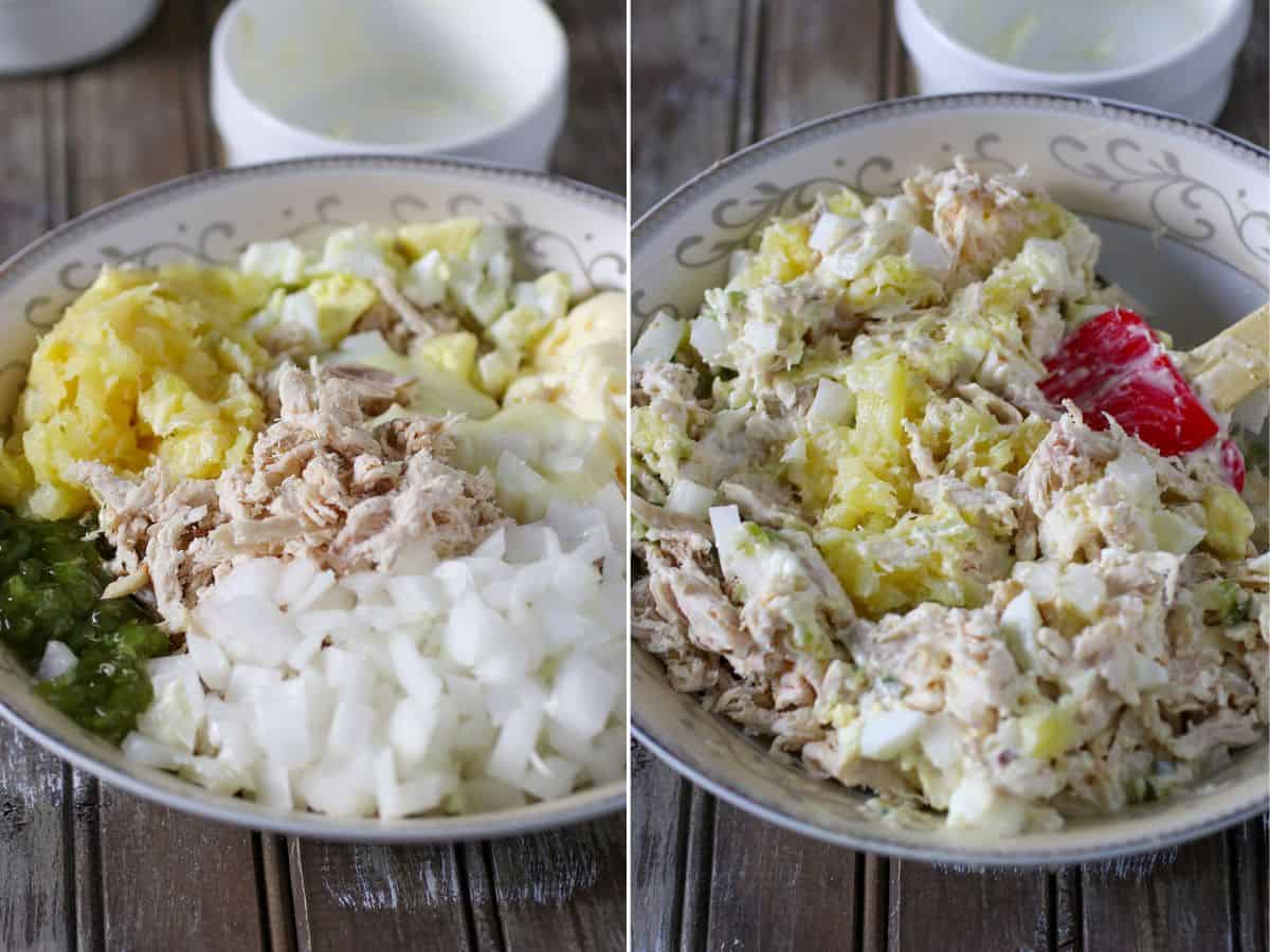 mixing chicken salad sandwich spread in a bowl.