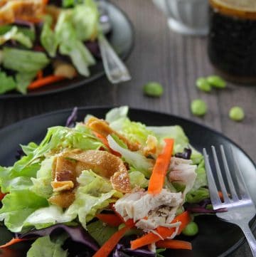 Chinese Chicken Salad on a black serving plates with salad dressing on the side