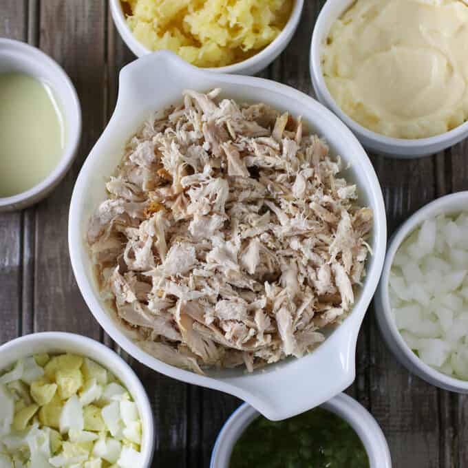 shredded chicken, chopped eggs, crushed pineapple, sweet relish in bowls