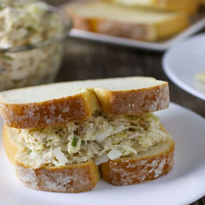 Chicken Salad Sandwich on a white plate.