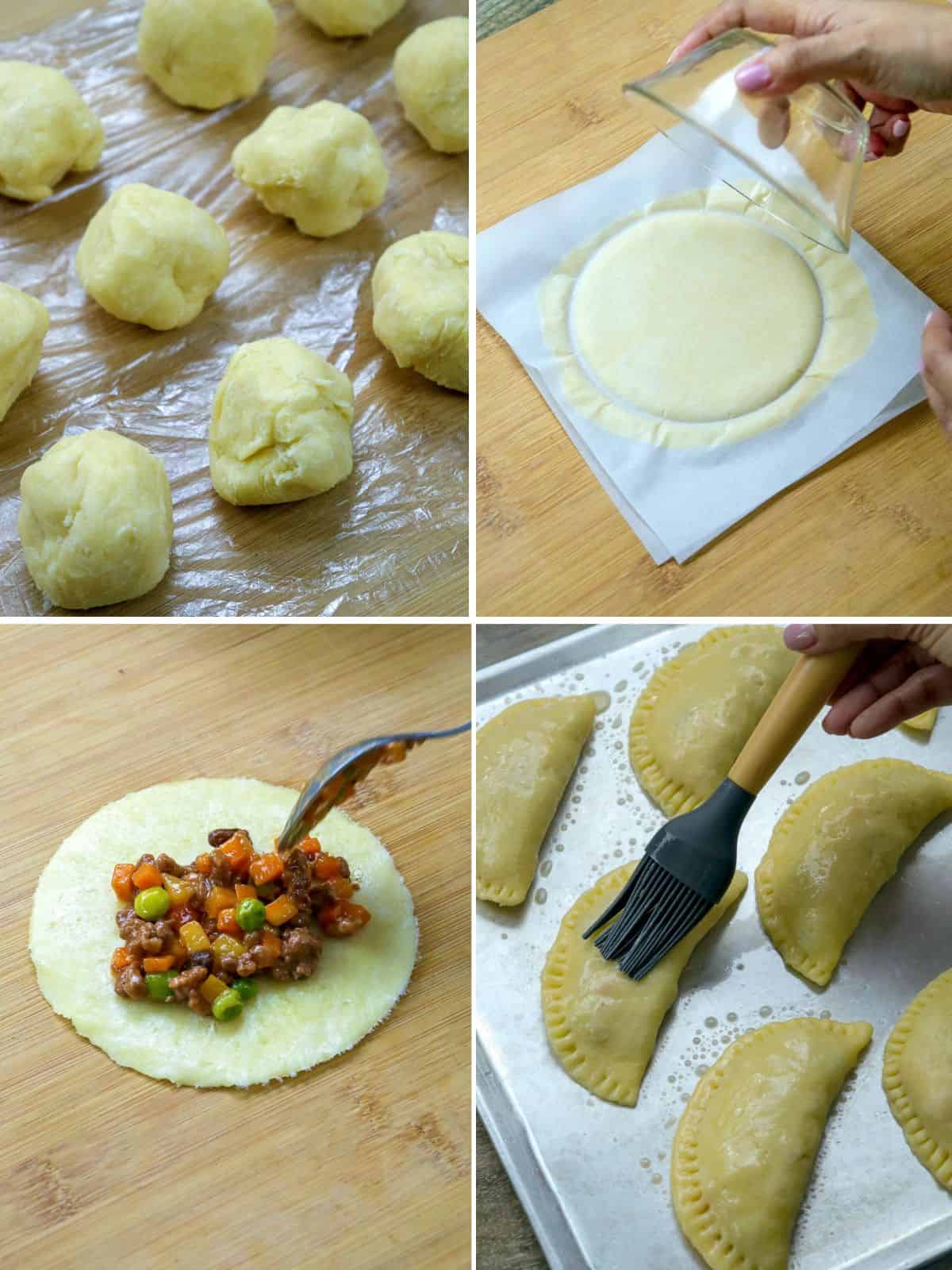 assembling empanadas with ground beef filling