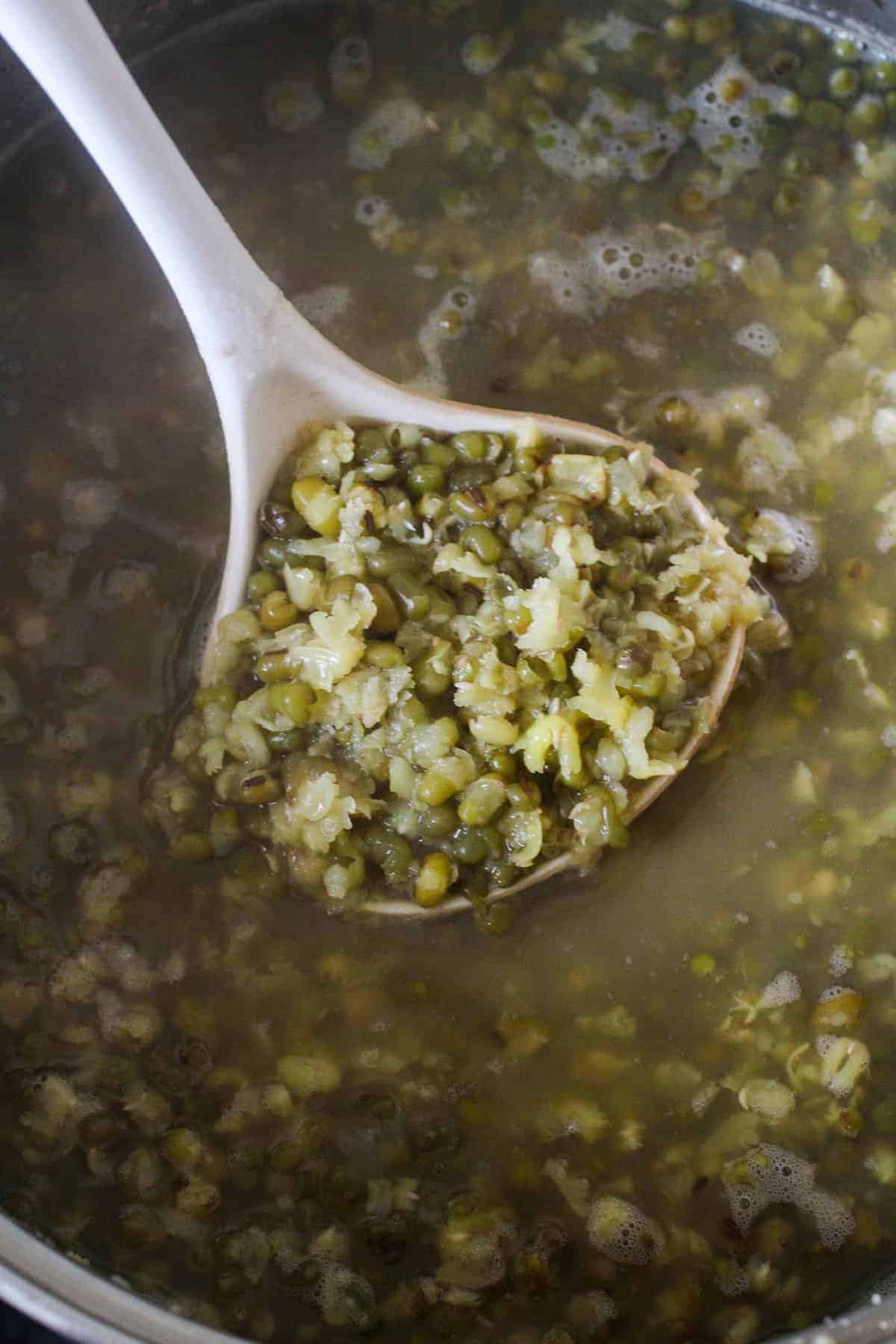 cooked mung beans in a pot