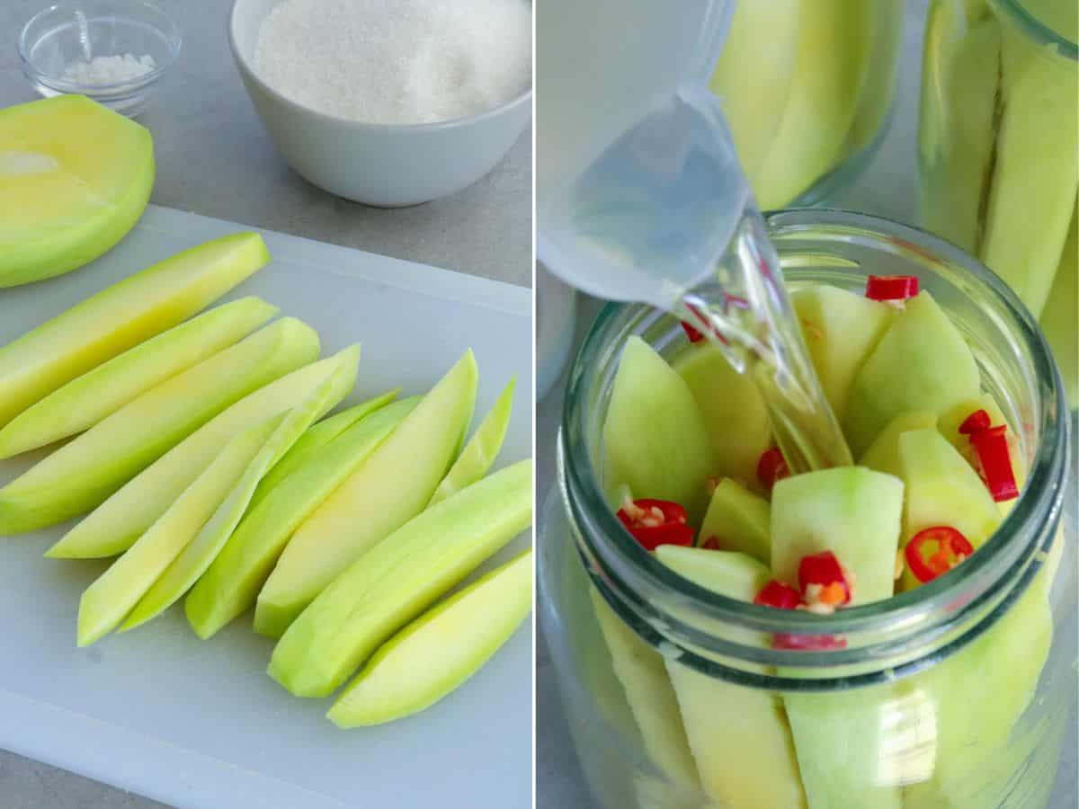 pouring vinegar solution in jar of sliced mangoes