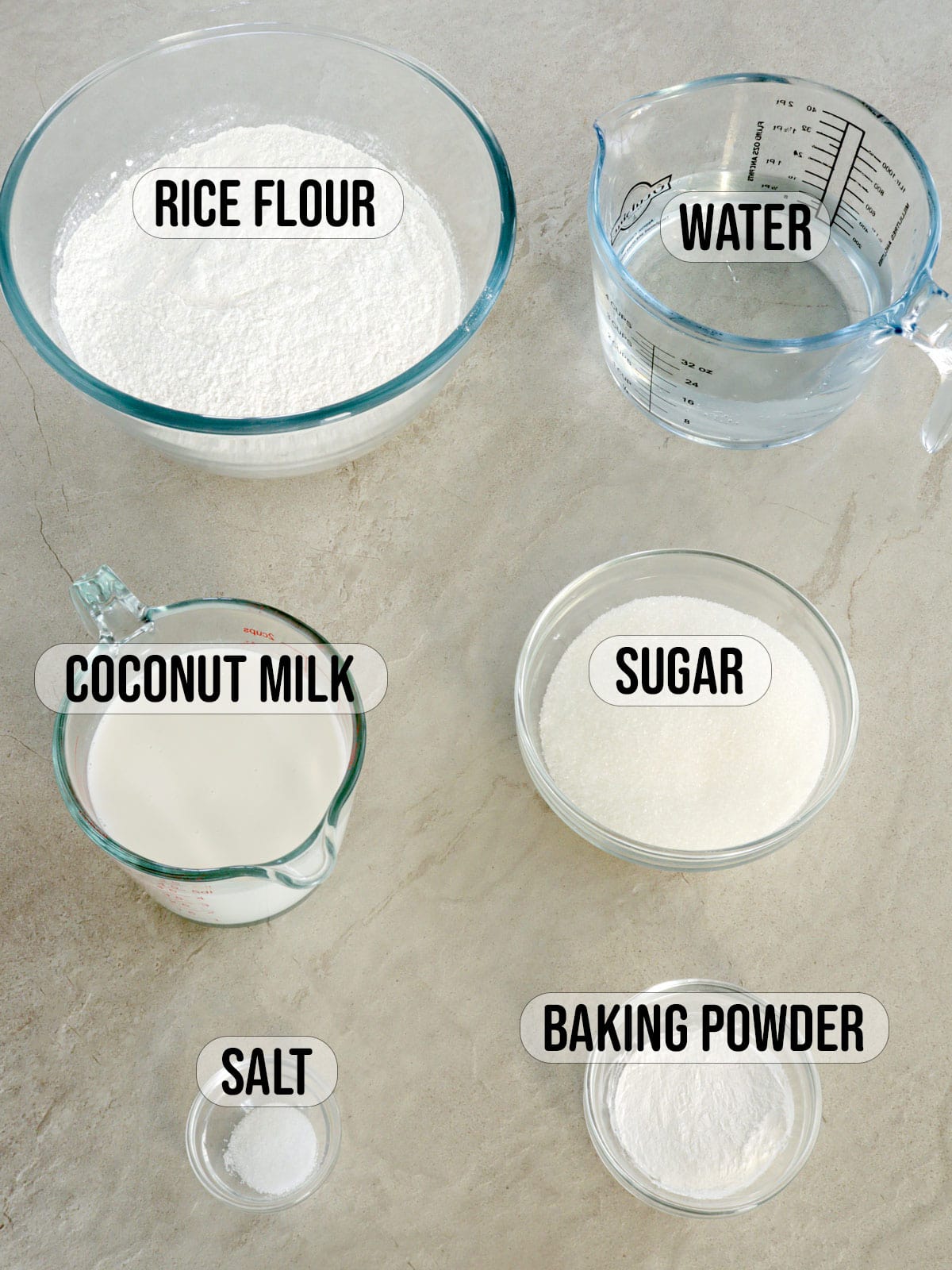 rice flour, sugar, baking powder, salt, water in bowls.