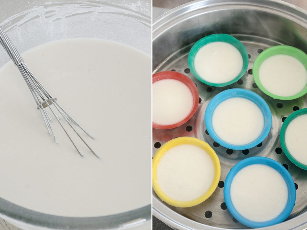 puto batter in molds ready to steam in the steamer.