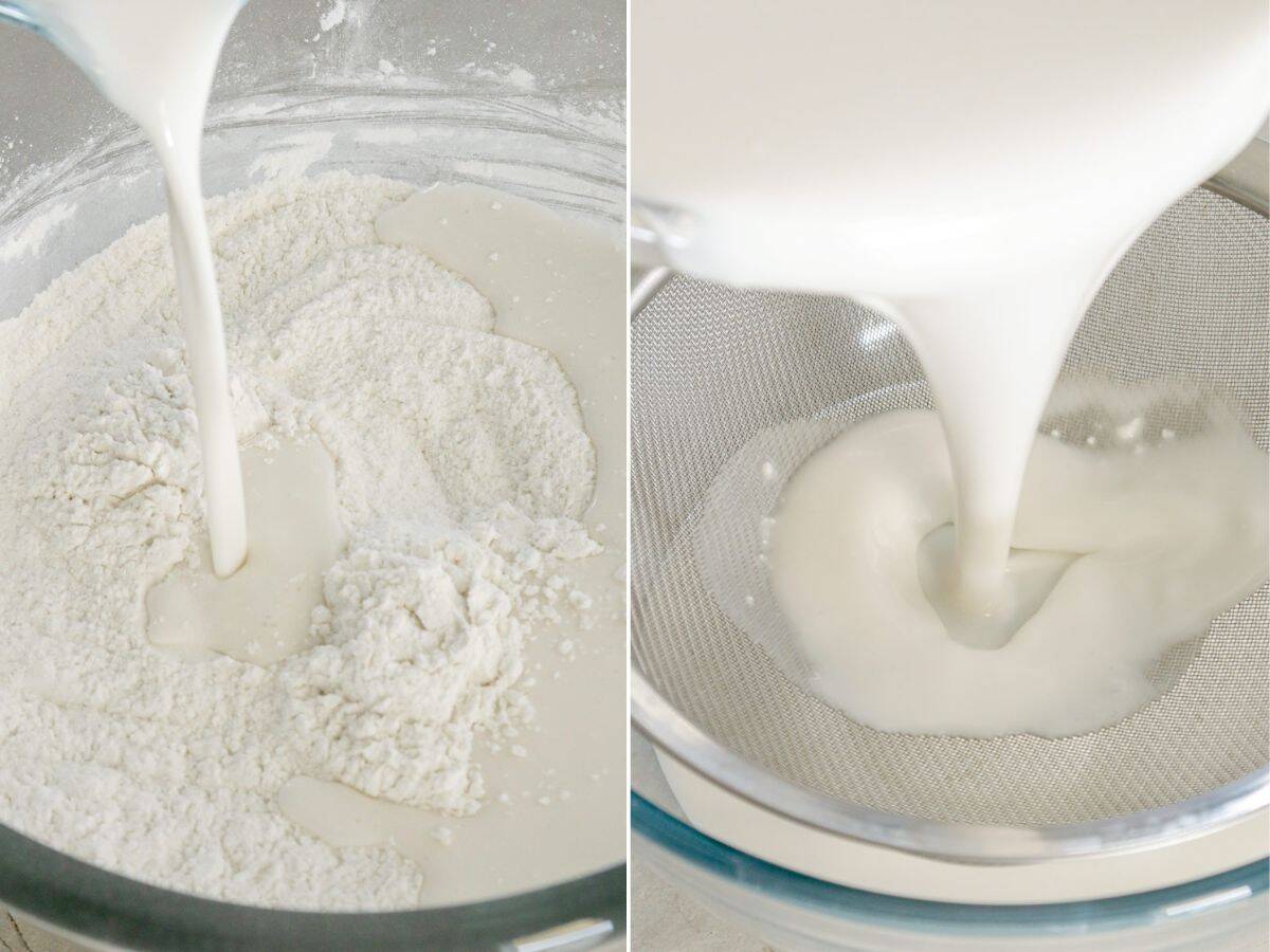 mixing the putong bigas  in a glass bowl.