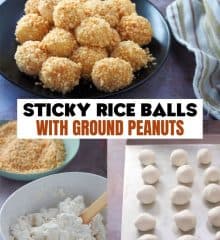Sticky Rice Balls coated with ground peanuts on a black plate