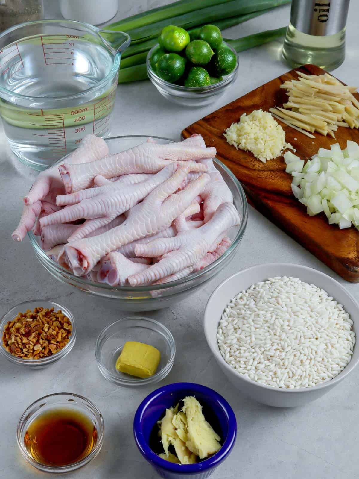 chicken feet, glutinous rice, onions, garlic, giner, fried garlic, oil, calamansi, fish sauce