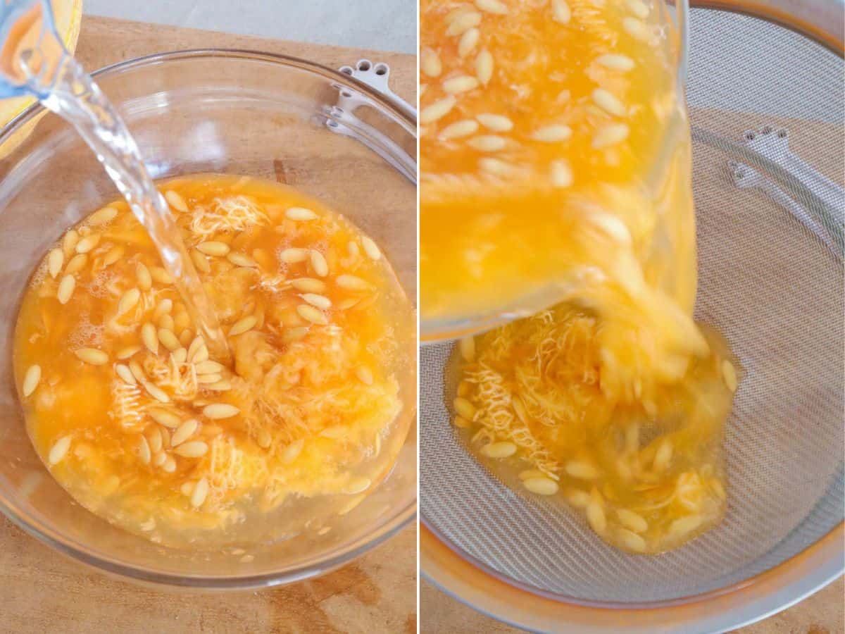 extracting and straining juice from cantaloupe pulp