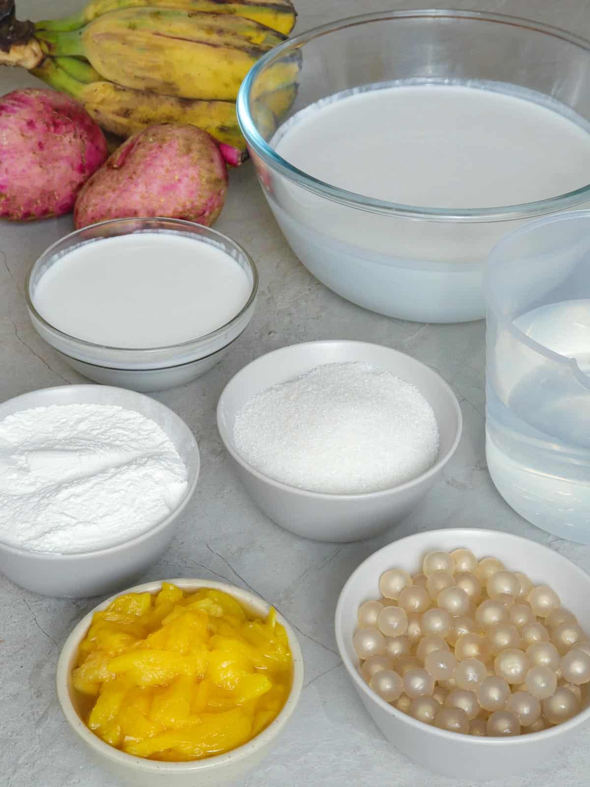 glutinous rice flour, coconut milk, jackfruit, sago, sugar, kamote, banana