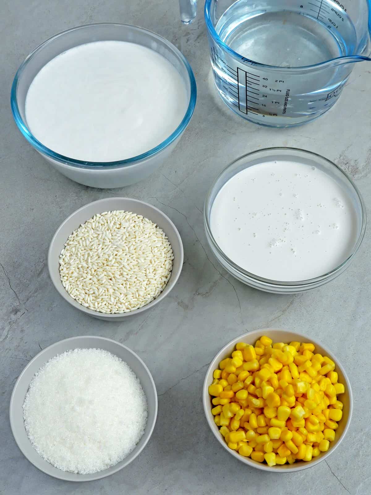 corn kernels, coconut milk, glutinous rice, sugar, water