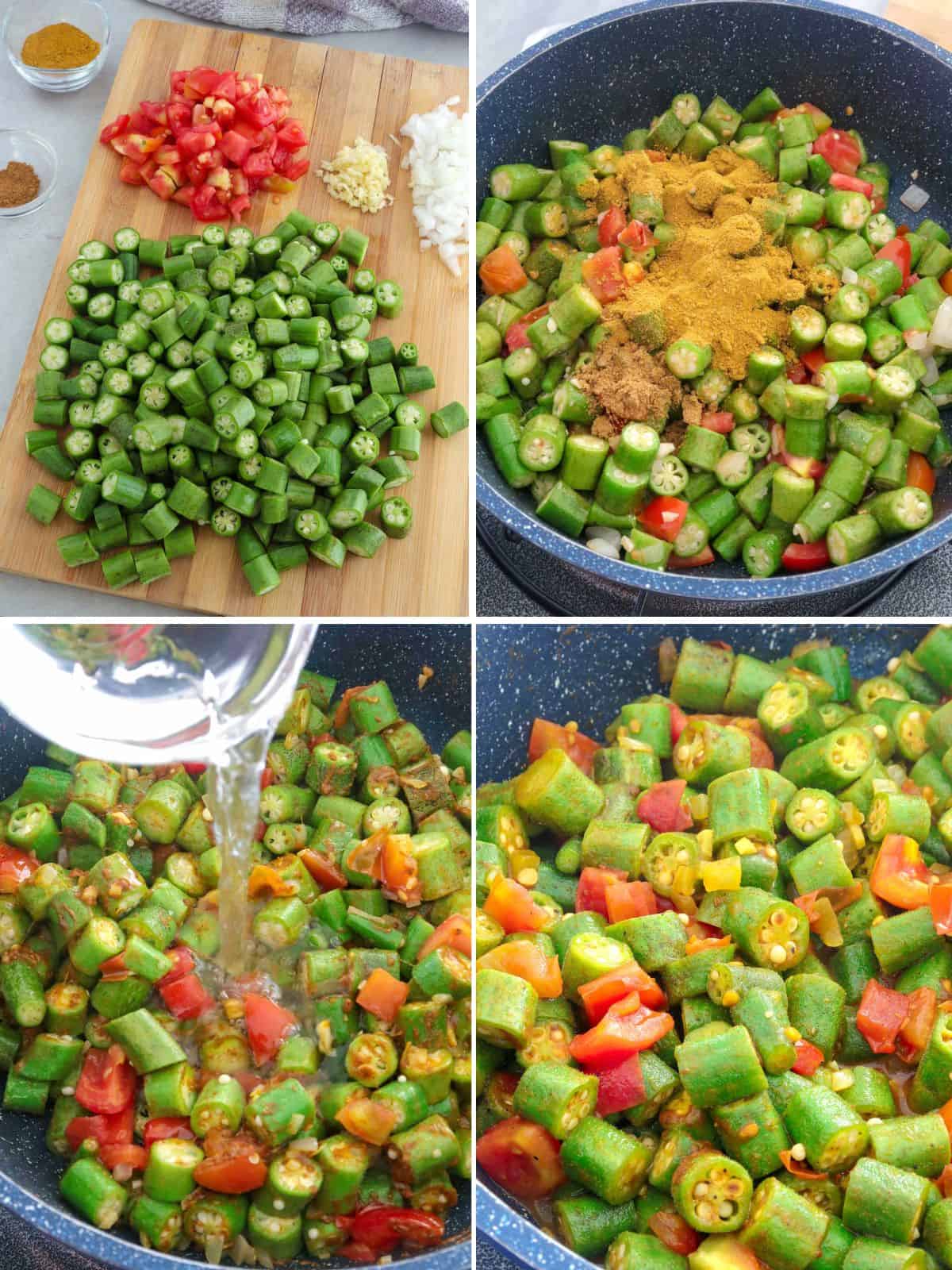 cooking okra and tomato stew in a skillet