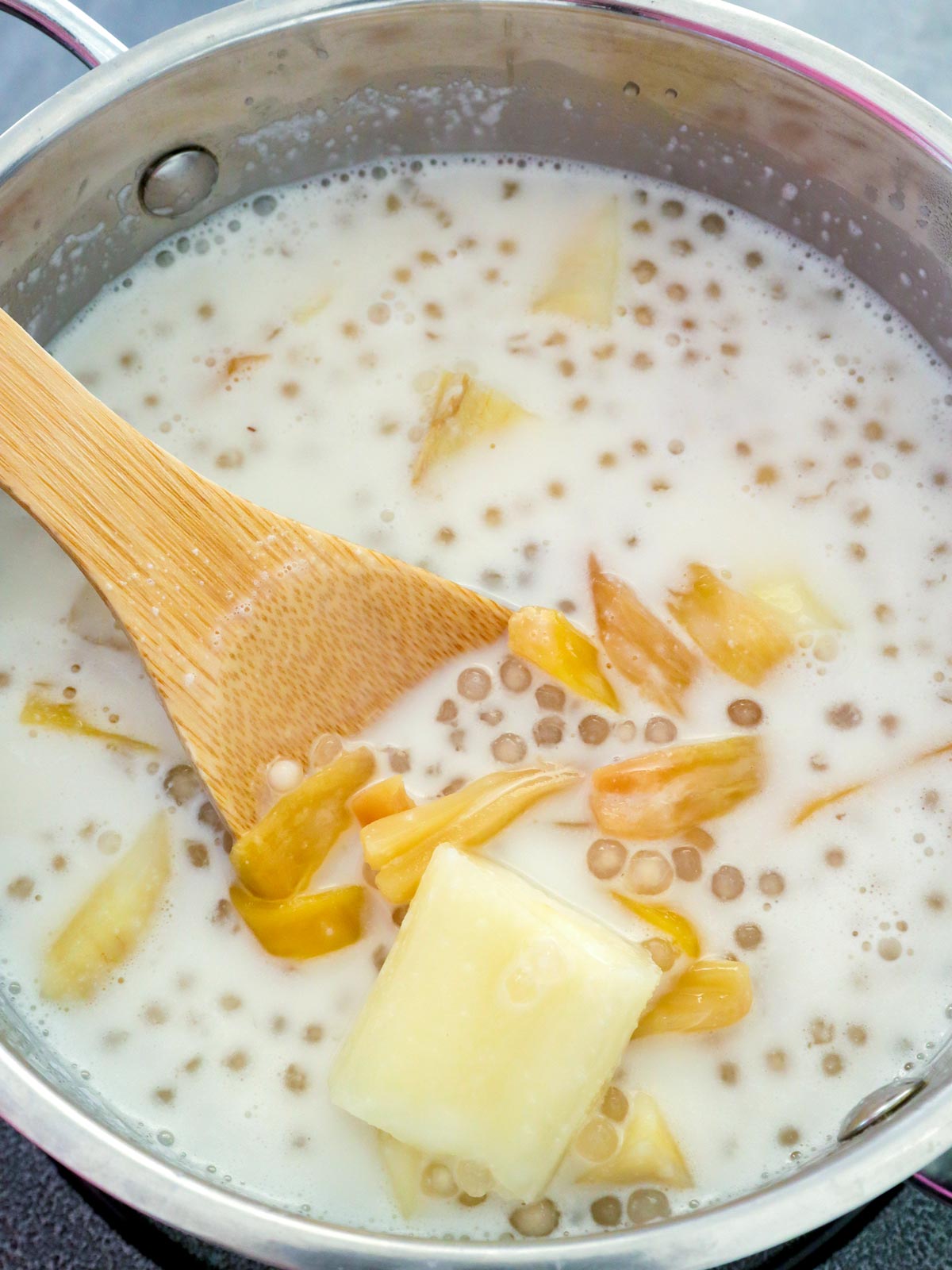 Ginataang Kamoteng Kahoy cooked in a pot