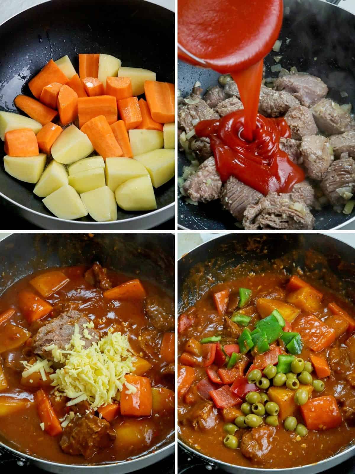 cooking beef caldereta in a pan