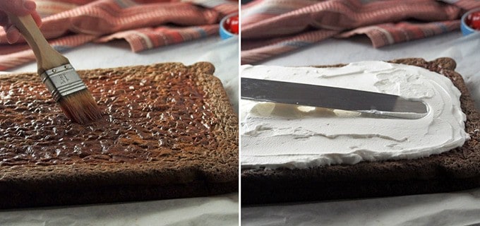 brushing swiss roll cake with cherry syrup and spreading whipped cream filling