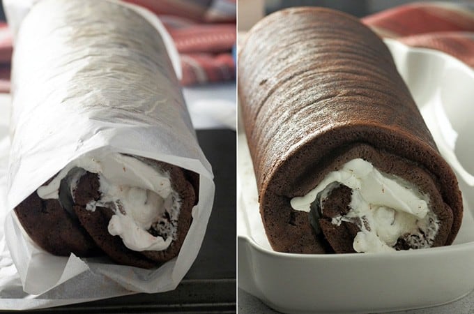 rolled swiss cake in a white rectangular dish