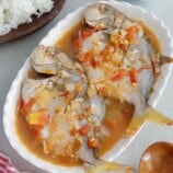 Pinangat na isda on a white serving platter with a side of steamed rice in a white platter with a plate of steamed rice in the background.