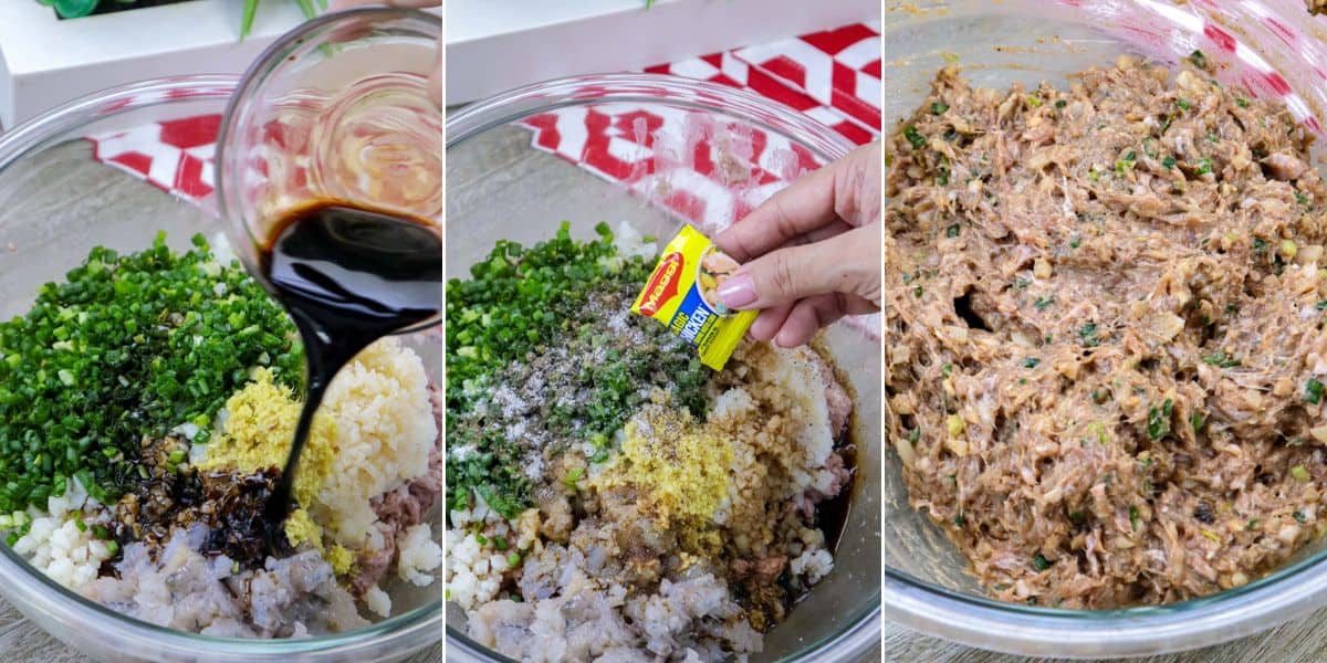 making siumai dumpling filling mixture in a glass bowl.