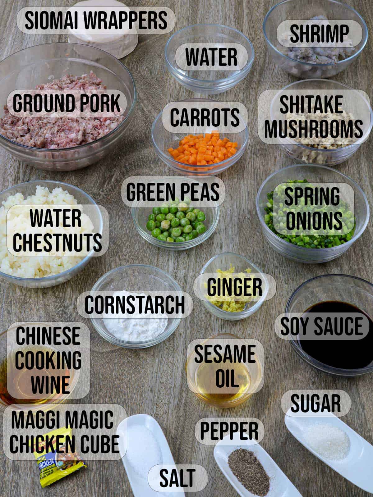 shu mai ingredients in bowls.