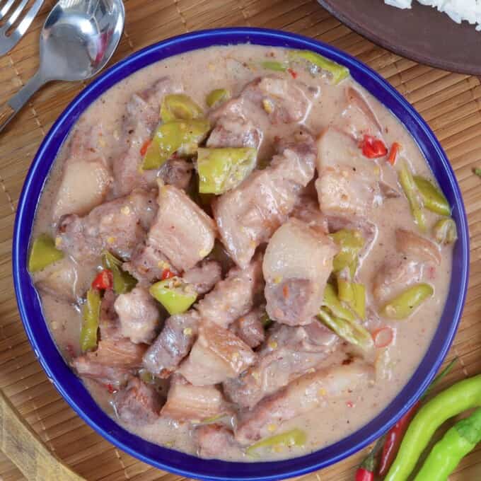 Bicol Express in a blue bowl