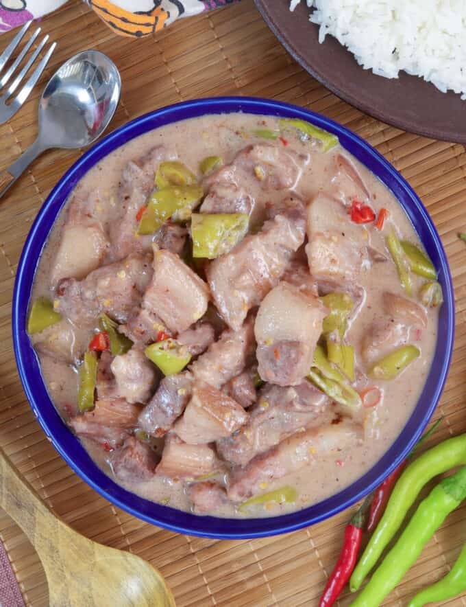 Bicol Express in a blue bowl